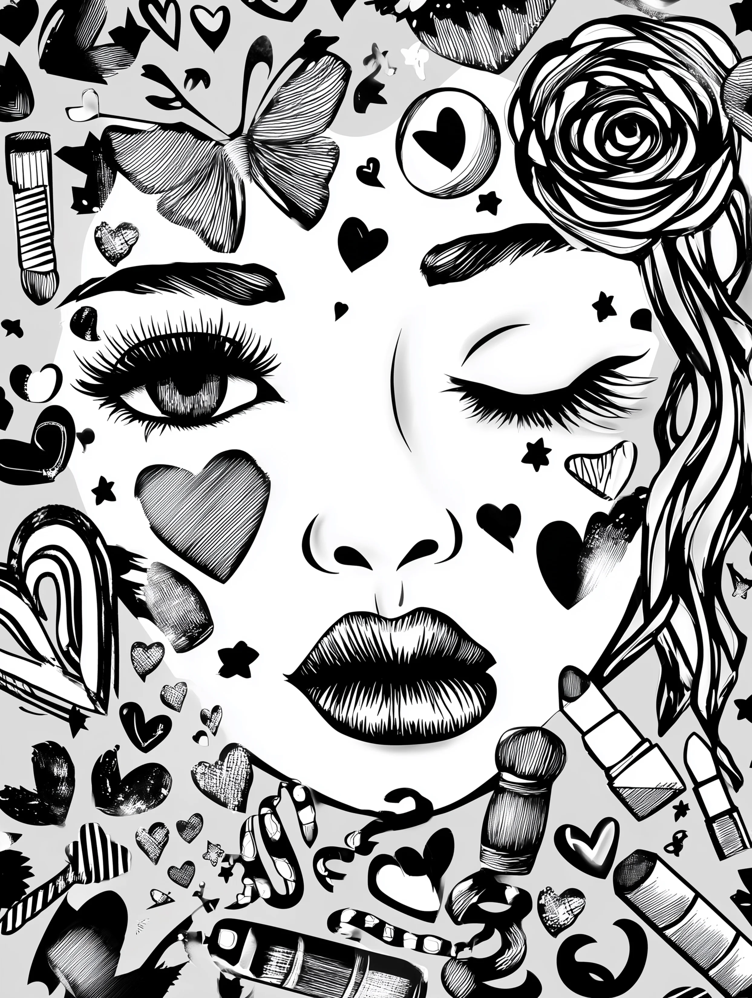 Free printable makeup coloring page for adults featuring a woman winking